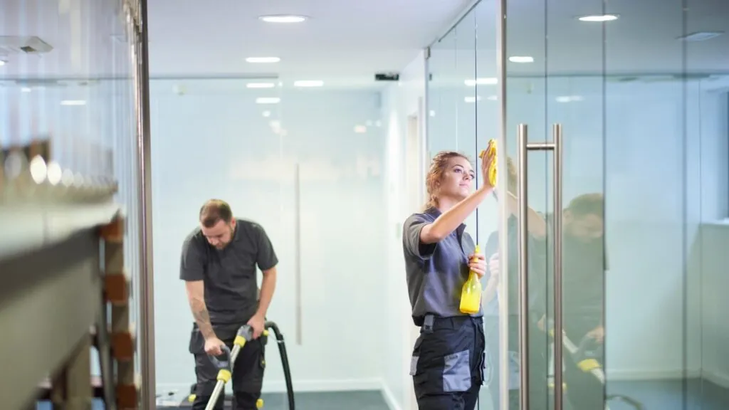 Commercial cleaners vacuuming carpet and polishing glass office partitions