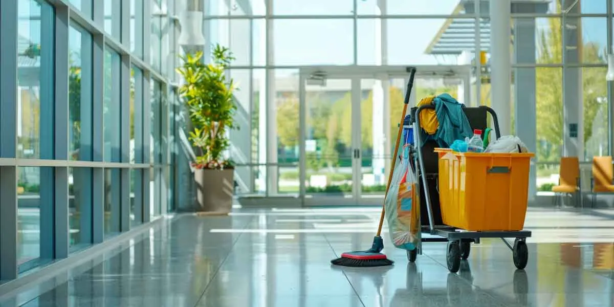 Commercial cleaning cart and mop in a bright, freshly cleaned office lobby