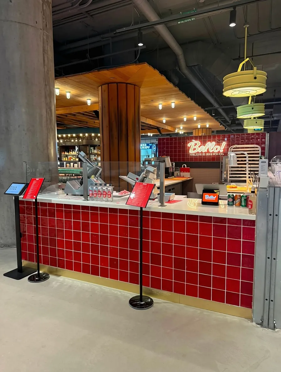 Ballo! food counter with red tile ready for handover after a Tidal Cleaning post construction clean for Wave Construction